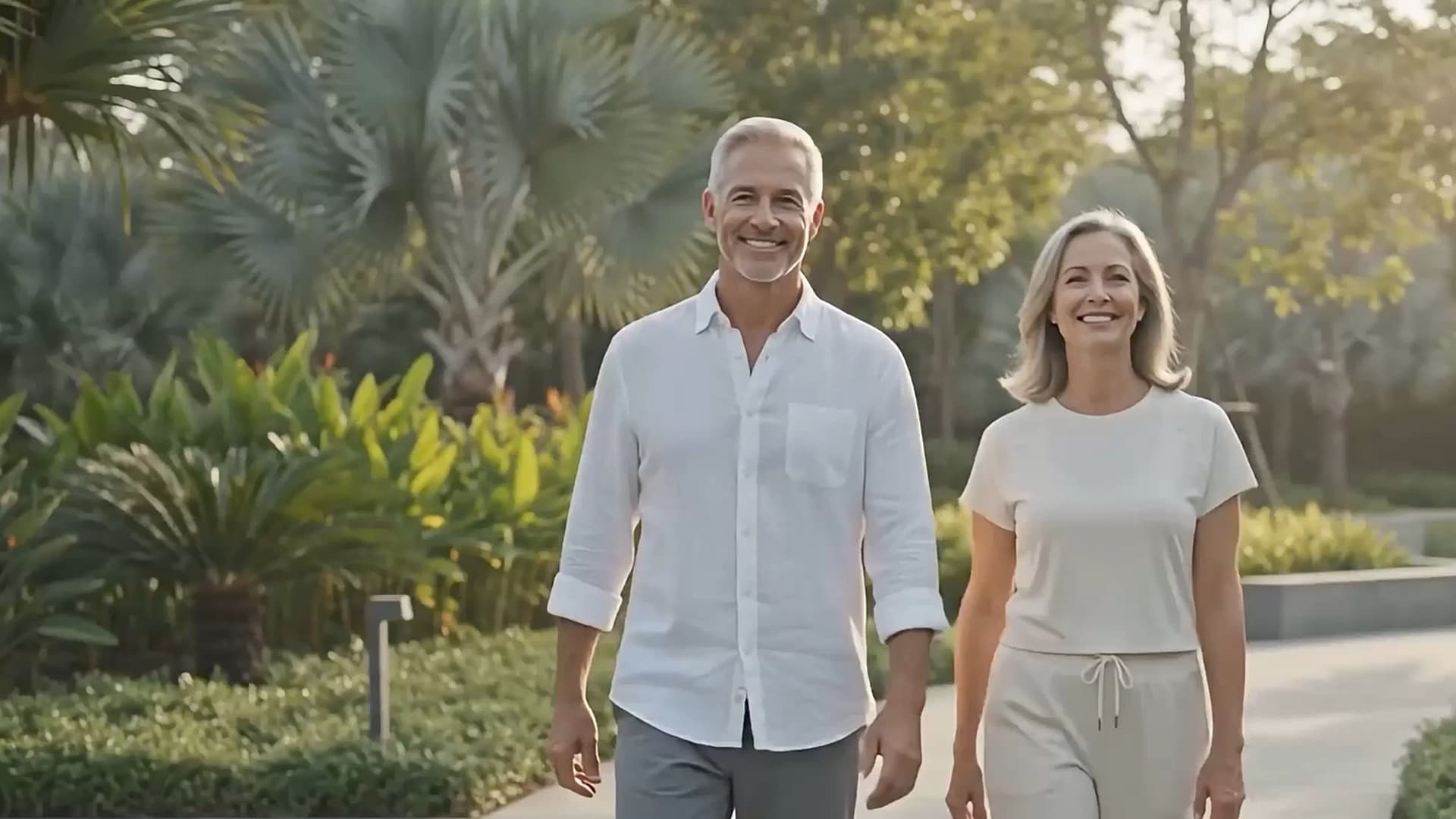 An older couple smiling as they walk side by side along a sunlit garden path